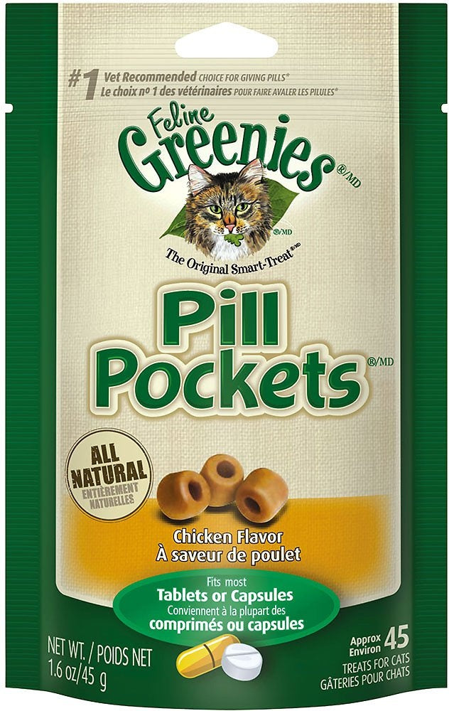 Greenies Pill Pockets Feline Chicken Flavor Cat Treats 1.6oz, Front Packaging