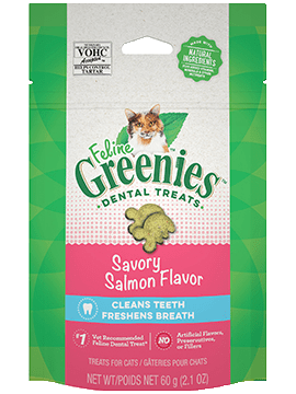 Greenies Savory Salmon Dental Cat Treats 60g, Front Pouch