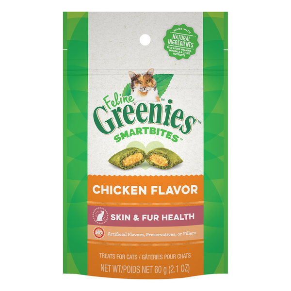 Greenies Smartbites Skin and Fur Chicken Cat Treats 60g, Front Packaging