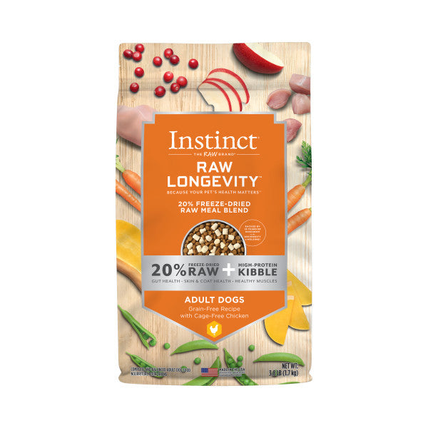 Instinct Longevity Adult 20% Freeze Dried Raw Meal Blend Cage-Free Chicken Recipe Dog Food 3.8lb, Front Packaging