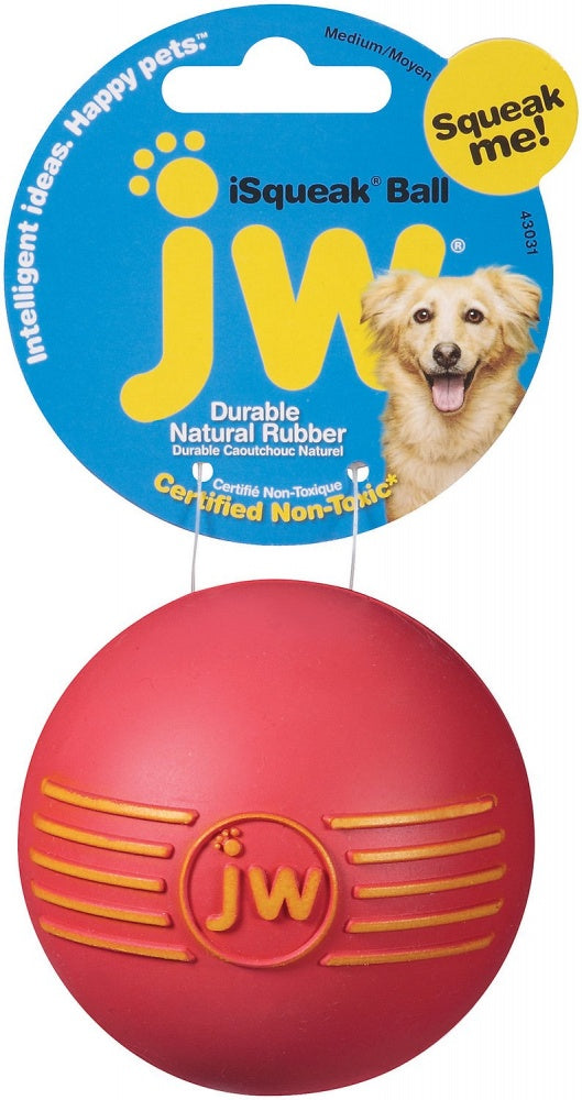 JW Pet iSqueak Ball Dog Toy Red, Front Packaging
