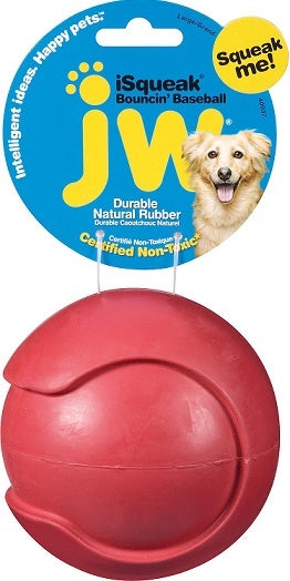 JW Pet iSqueak Bouncin Baseball Dog Toy, Front Packaging