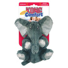 A KONG Comfort Kiddos Elephant plush dog toy in its original packaging. The toy is soft and fuzzy,  large floppy ears, a round body, and embroidered paw details. It has small black eyes and a slightly curved trunk. The packaging features a red and white design with the 'KONG Comfort Kiddos' logo, and text indicating that the toy squeaks.
