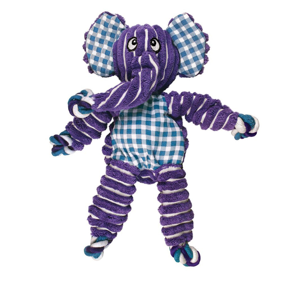 A plush dog toy in the shape of a purple elephant with a mix of textures. The toy features a soft, ribbed fabric for the trunk, legs, and arms, with a blue and white gingham fabric on the belly and ears. The limbs are designed with knotted rope inside, visible at the ends, and the toy has embroidered eyes with a friendly expression.