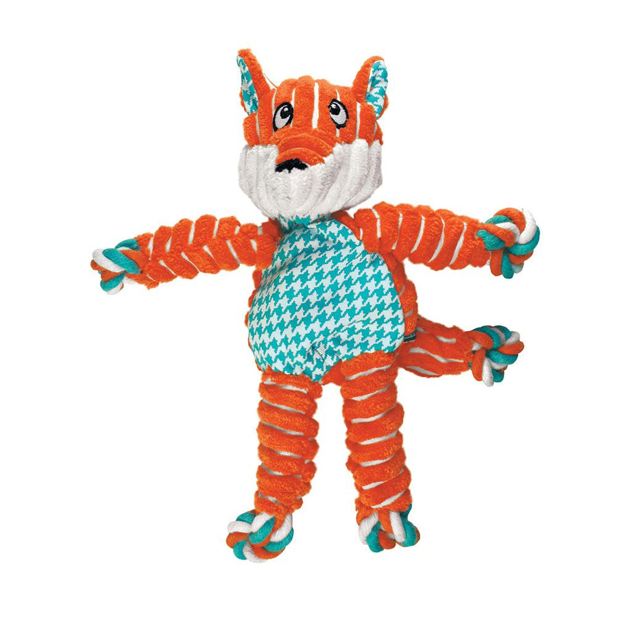 A plush dog toy designed to look like a fox with an orange and white color scheme. The toy features a soft, textured body with twisted rope limbs and a bushy tail. Its belly has a teal and white houndstooth fabric pattern, and its face has embroidered eyes and a black nose. The toy’s arms, legs, and tail have rope knots at the ends, making it suitable for interactive play and chewing.