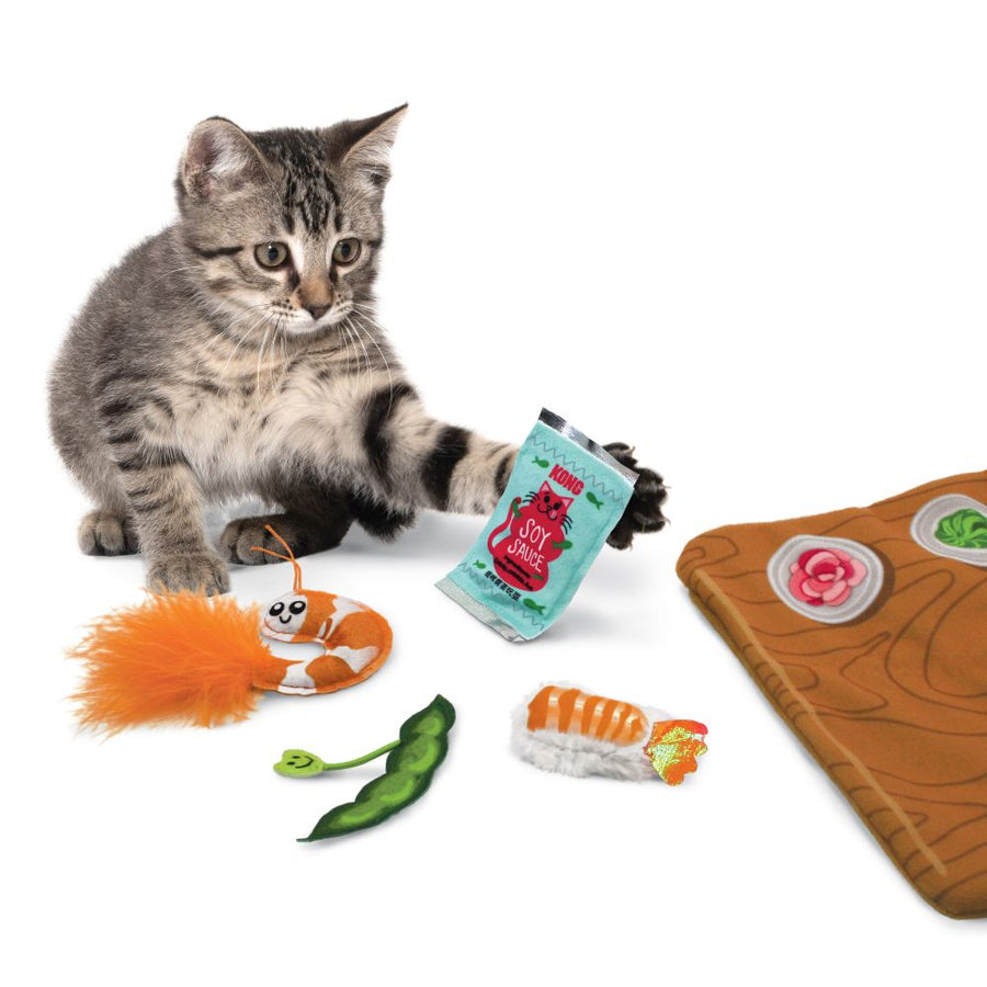 KONG Pull-A-Partz Sushi Catnip Cat Toys Mat, with scattered toys in front of cat