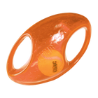 An orange KONG Jumbler Football Dog Toy featuring a transparent, durable rubber outer shell with two built-in handles for easy gripping. Inside the toy, a smaller KONG-branded tennis ball is visible, designed to create an engaging, interactive play experience for dogs.