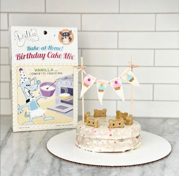 Lazy Dog Cookie Company Vanilla Birthday Cake Mix Box & Cake