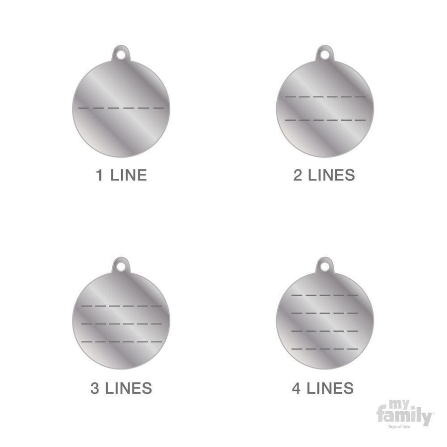 My Family Pet Tags Purple Circle showing customization options for one, two, three, or four lines of engraved text.