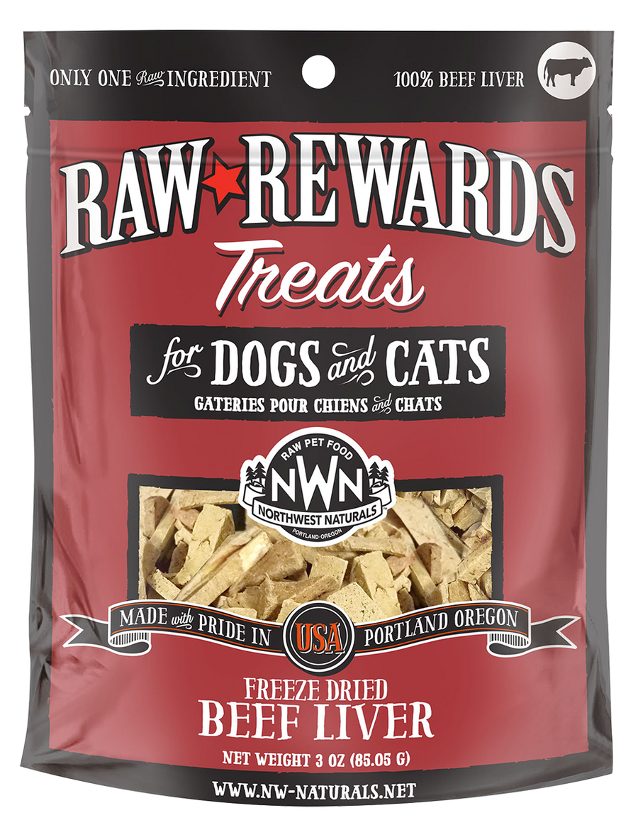 Northwest Naturals, RAW REWARDS Freeze Dried Treats for Dogs and Cats Beef Liver 3oz, Front Pouch