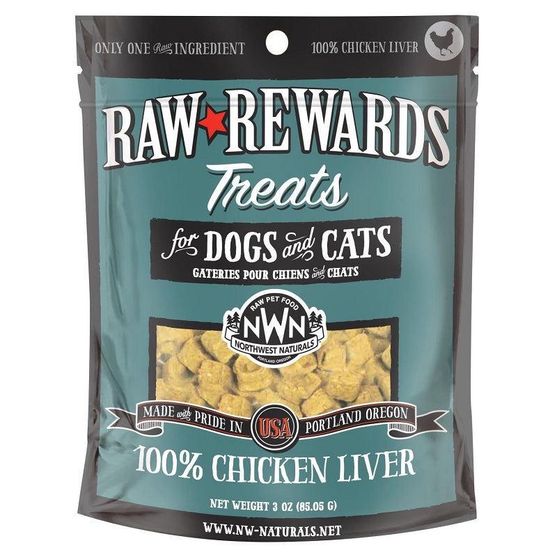 Northwest Naturals RAW REWARDS Freeze Dried Treats for Dogs and Cats Chicken Liver 3oz, Front Pouch
