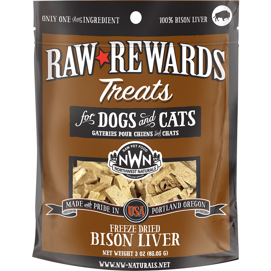 Northwest Naturals Raw Rewards Freeze Dried Bison Dogs and Cat Treats 3oz, Front Pouch