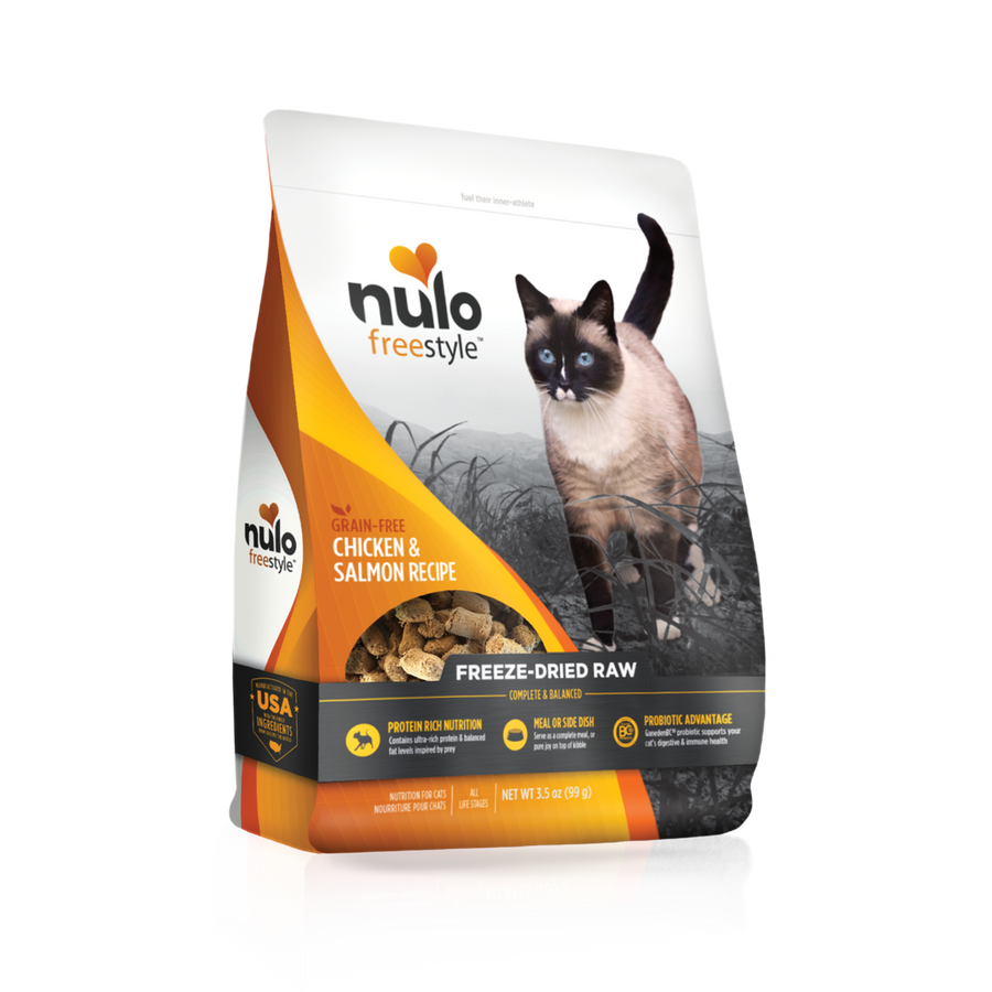 Nulo FreeStyle Chicken & Salmon Recipe Freeze-Dried Raw Cat Food 3.5oz, Front of Bag