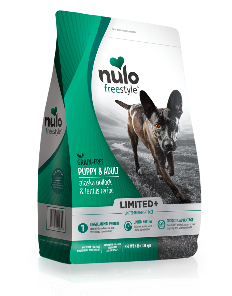 Nulo Freestyle Limited+ Pollock & Lentils Dog Food 4lb, Side Front Bag