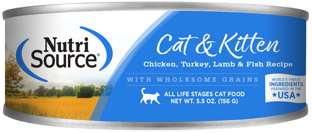 NutriSource Cat & Kitten Chicken, Turkey Lamb & Fish Select Canned Cat Food front of can.