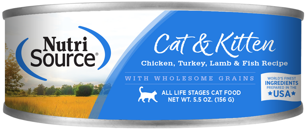 NutriSource Cat & Kitten Chicken, Turkey Lamb & Fish Select Canned Cat Food front of can.