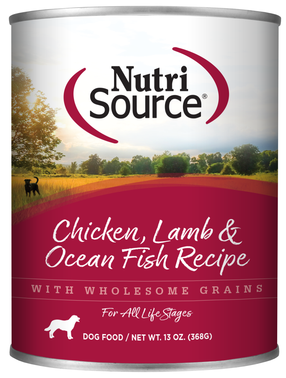 NutriSource Chicken, Lamb & Ocean Fish Recipe front of can.
