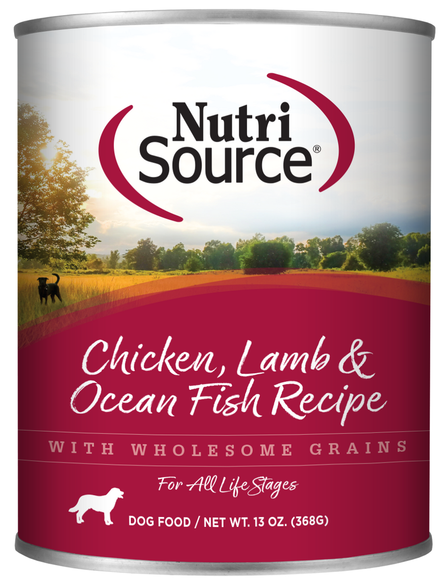 NutriSource Chicken, Lamb & Ocean Fish Recipe front of can.