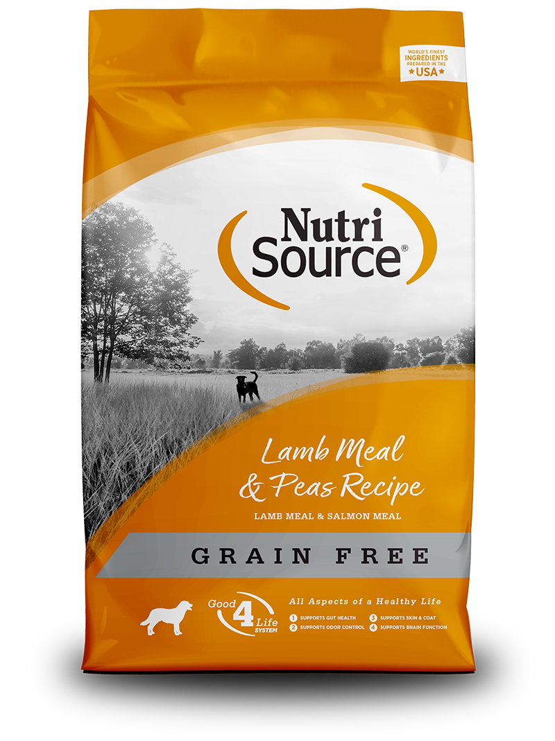 NutriSource Grain Free Lamb Meal & Peas Recipe front of bag.