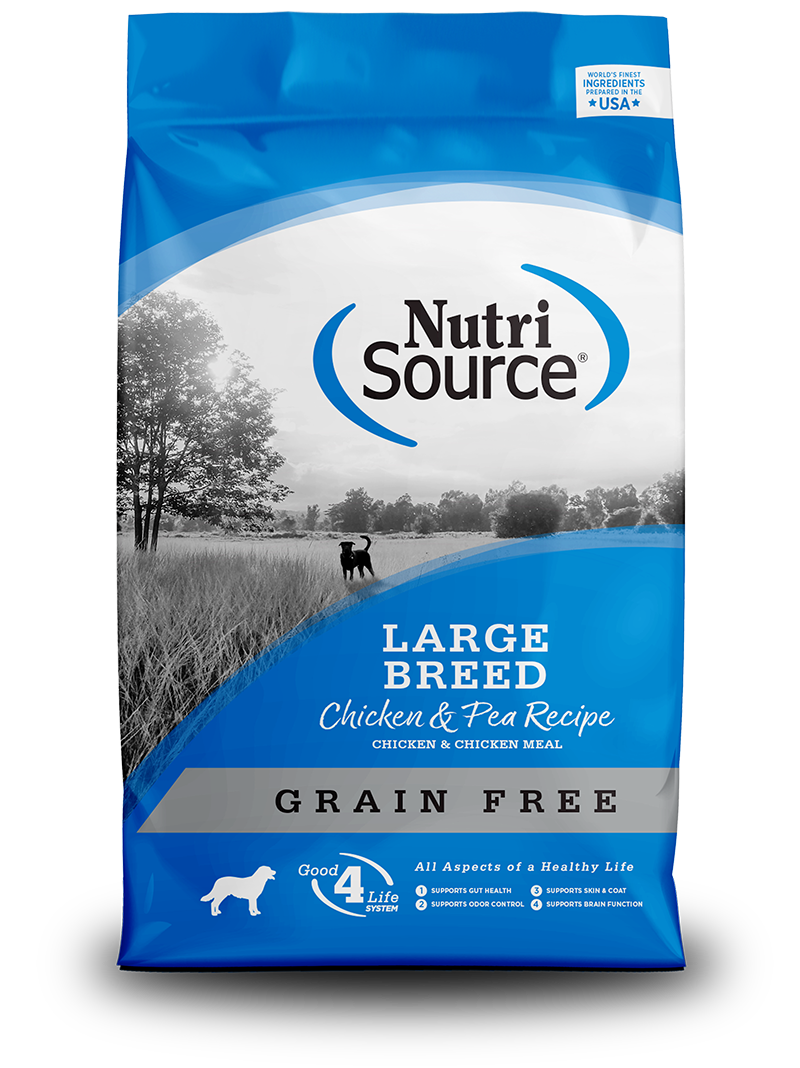 NutriSource Grain Free Large Breed Chicken & Pea Recipe front of bag.