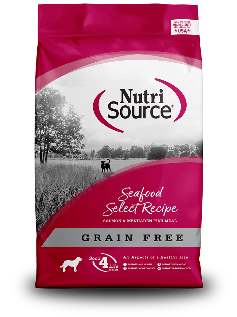 NutriSource Grain Free Seafood Select Recipe front of bag.