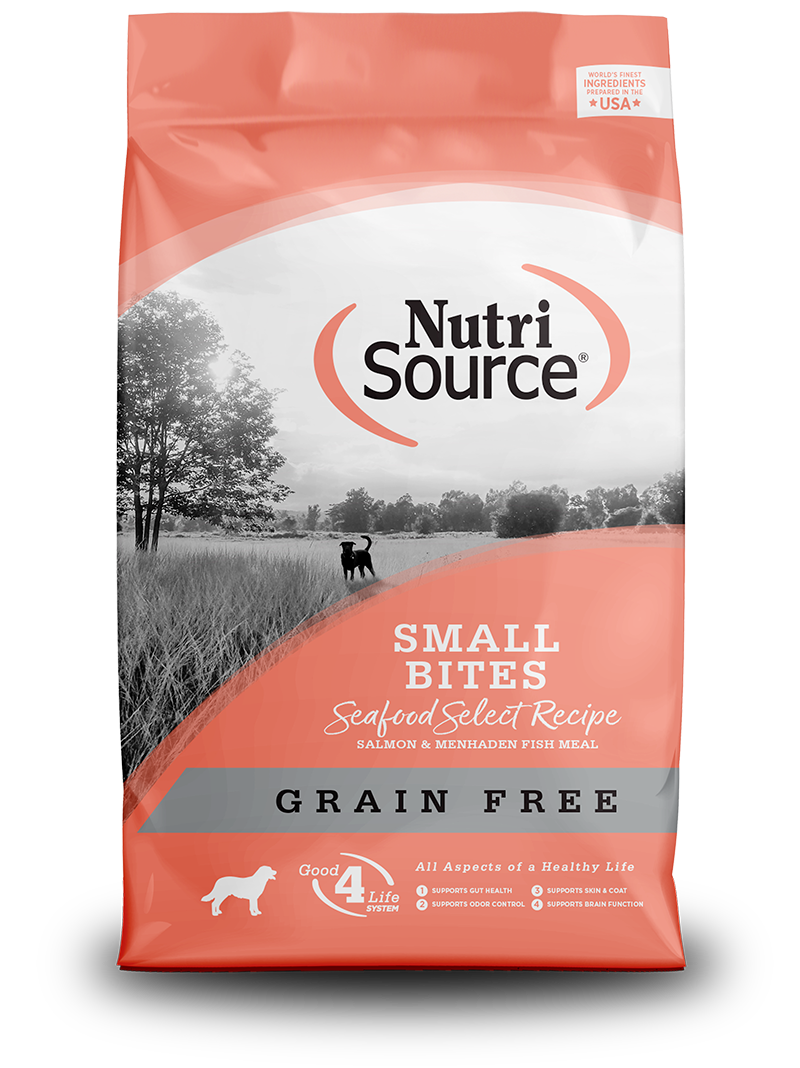 NutriSource Grain Free Small Bites Seafood Select Recipe front of bag.
