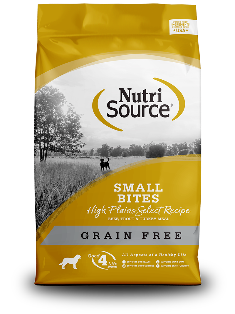 NutriSource Grain Free Small Bites High Plains Select Recipe front of bag.