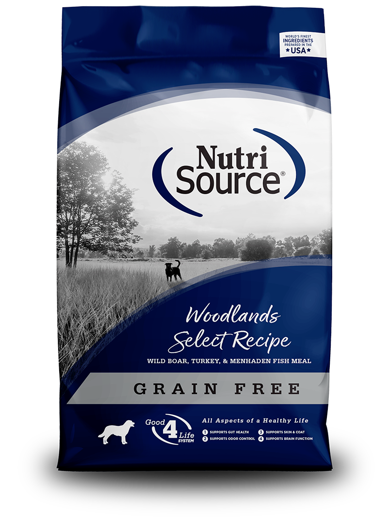 NutriSource Grain Free Woodlands Select Recipe front of bag.
