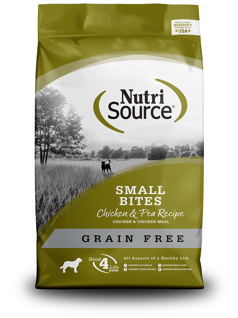NutriSource Grain Free Small Bites Chicken & Pea Recipe front of bag.