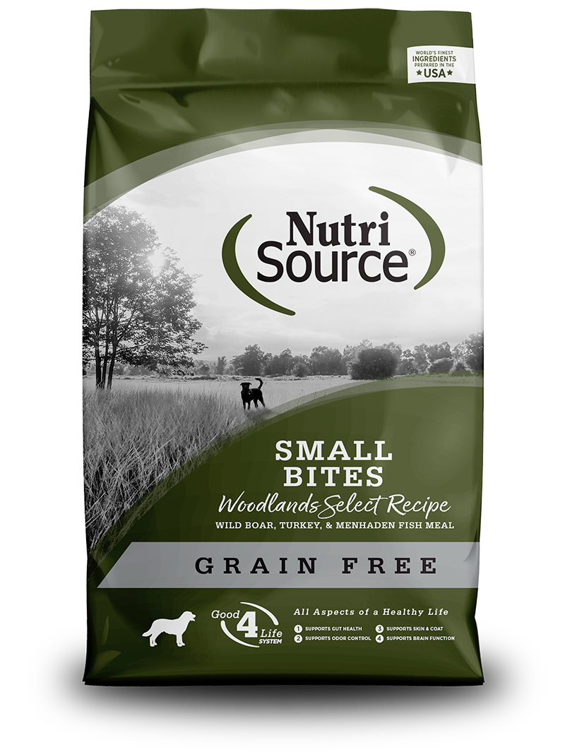 NutriSource Grain Free Small Bites Woodlands Select Recipe front of bag.