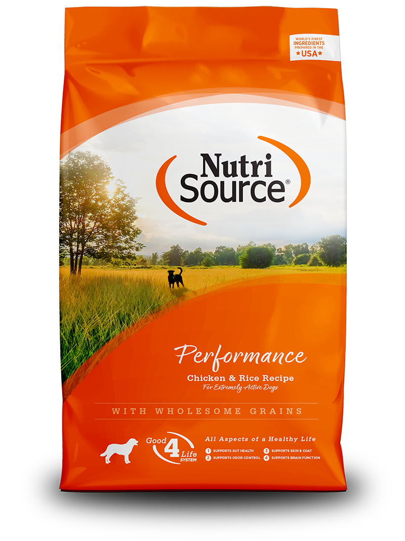 NutriSource Performance Chicken & Rice Recipe front of bag.
