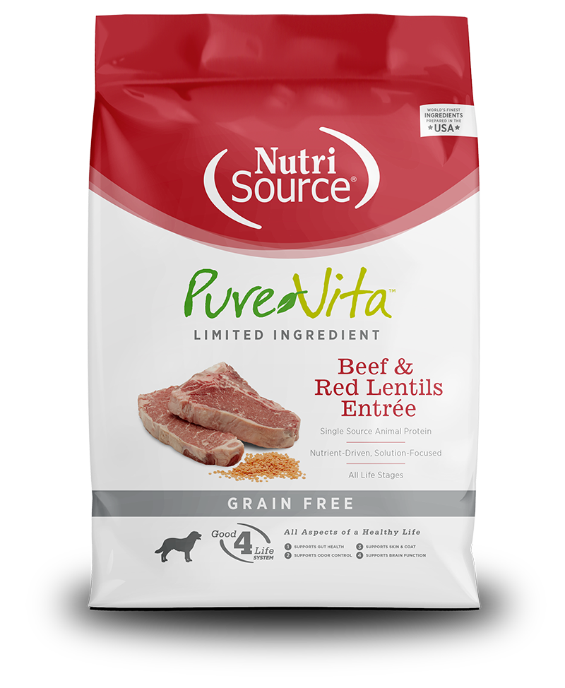 NutriSource PureVita Grain Free Beef & Red Lentils Entree Dry Dog Food front of bag.