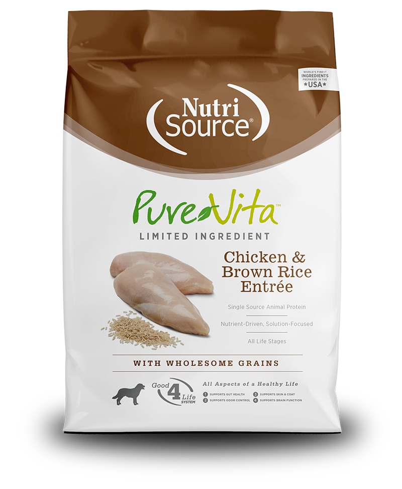 NutriSource PureVita Chicken & Brown Rice Entree Dry Dog Food front of bag.