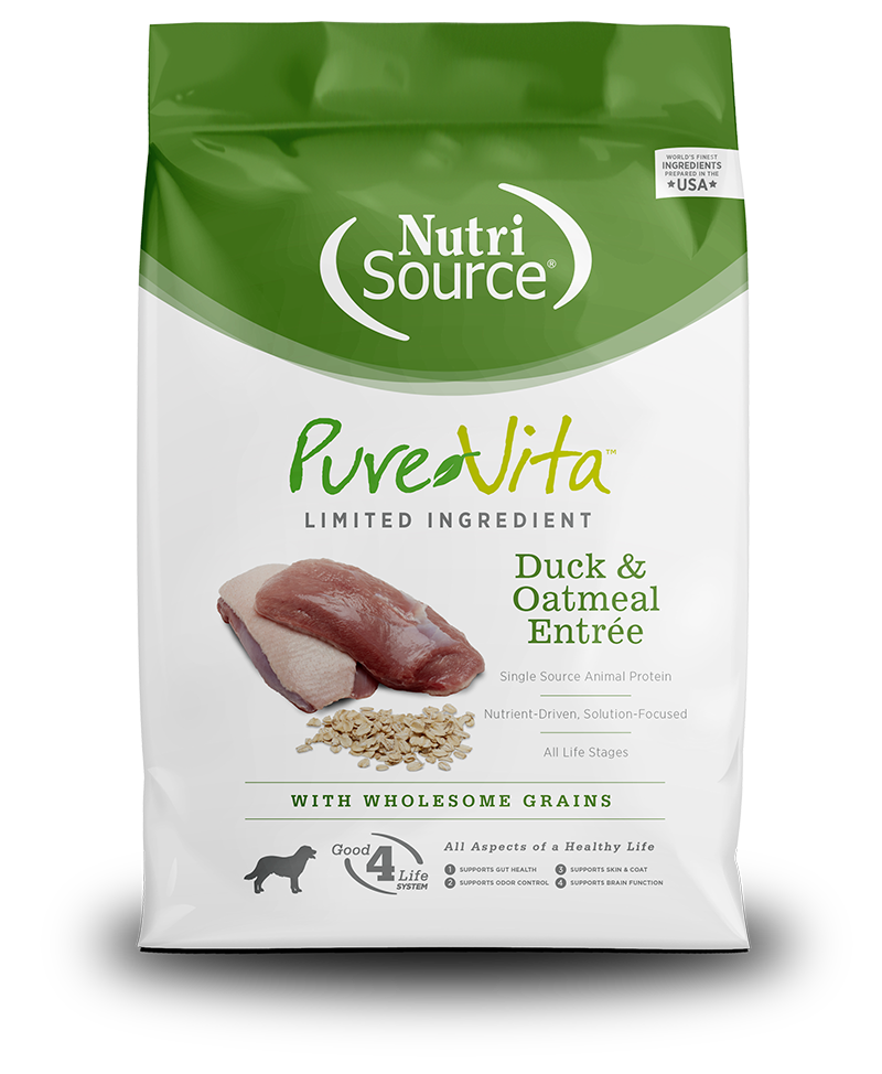 NutriSource PureVita Duck & Oatmeal Entree Dry Dog Food front of bag.