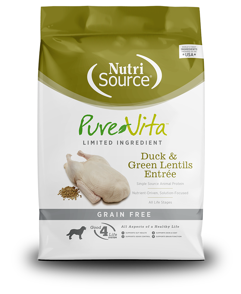 NutriSource Purevita Duck & Green Lentils Entree Dry Dog Food front of bag.