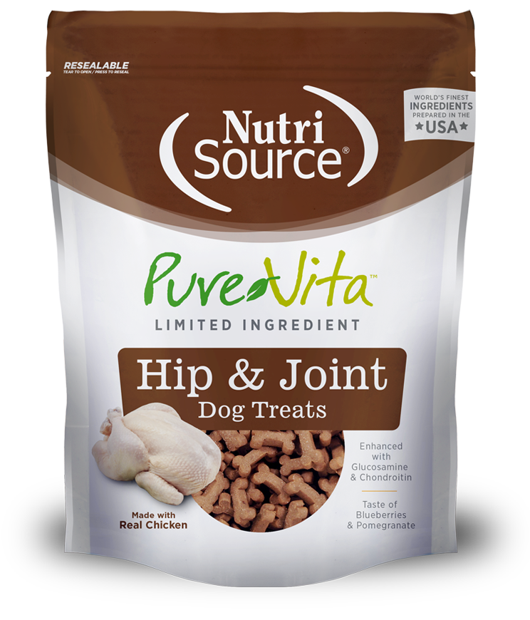 NutriSource PureVita Hip & Joint Dog Treats Dry Food front of bag.