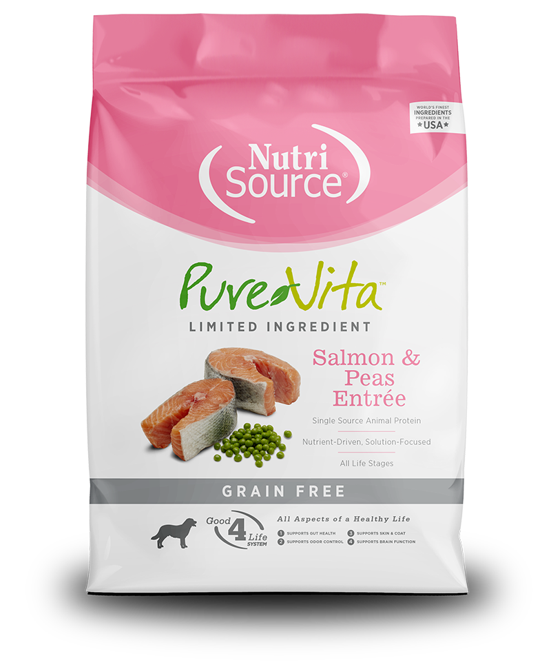 NutriSource PureVita Grain Free Salmon & Peas Entree Dry Dog Food front of bag.