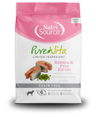 NutriSource PureVita Grain Free Salmon & Peas Entree Dry Dog Food front of bag.