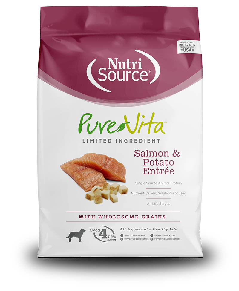 NutriSource PureVita Salmon & Potato Entree Dry Dog Food front of bag.