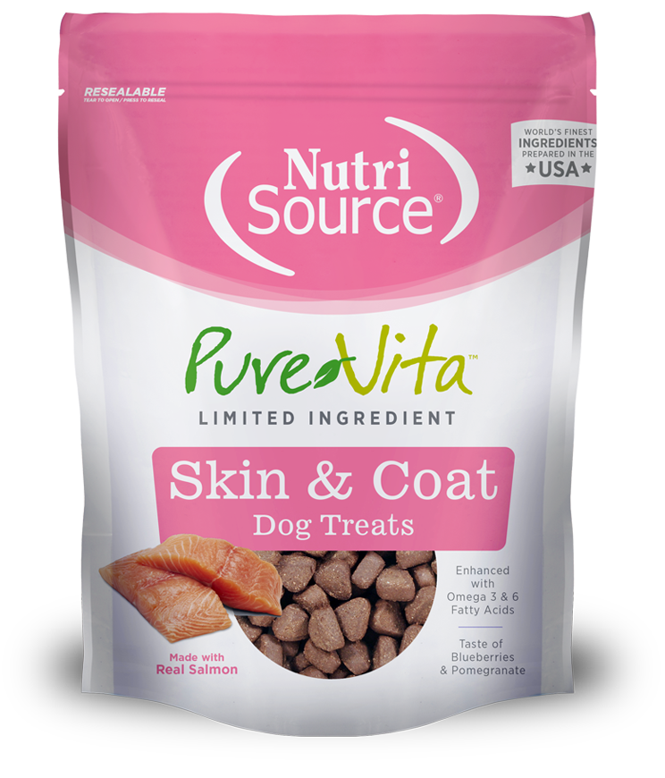 NutriSource PureVita Skin & Coat Dog Treats Dry Dog Food front of bag.