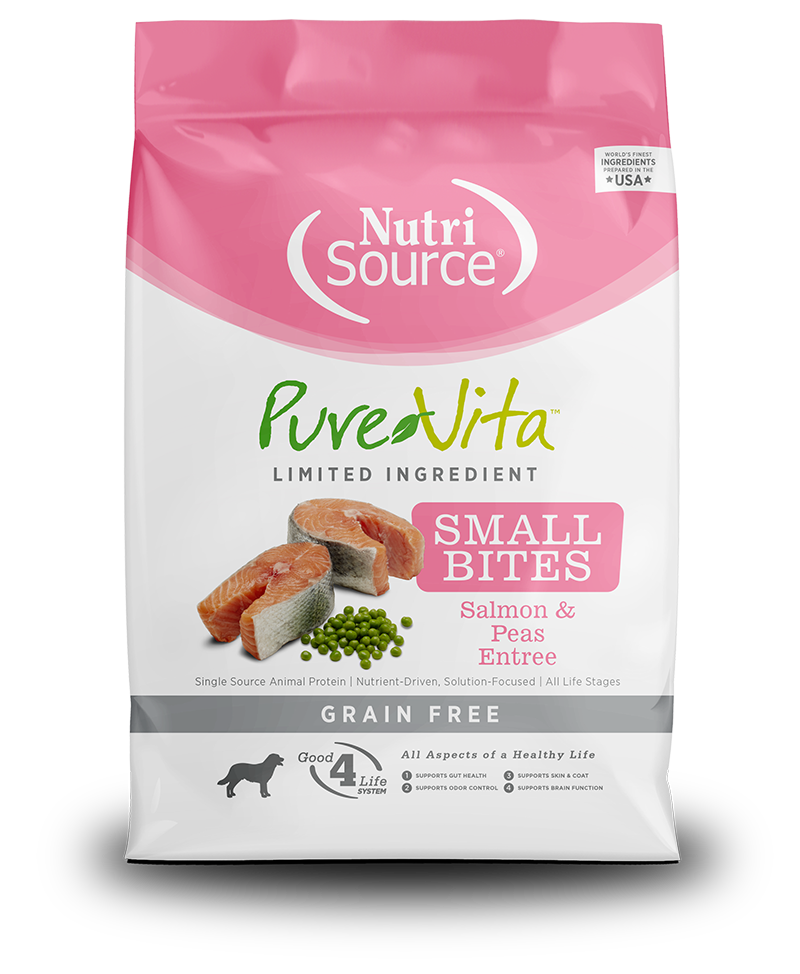 NutriSource PureVita Grain Free Small Bites Salmon & Peas Entree Dry Dog Food front of bag.