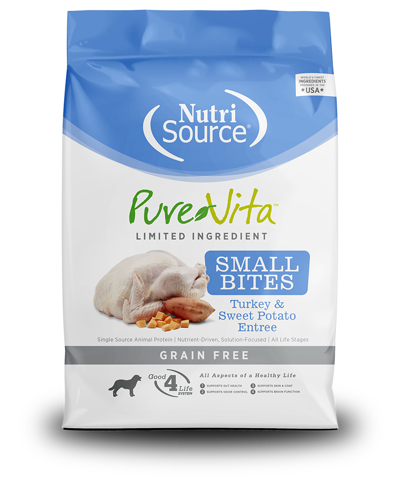 NutriSource PureVita Grain Free SmallBites Turkey & Sweet Potato Entree Dry Dog Food front of bag.