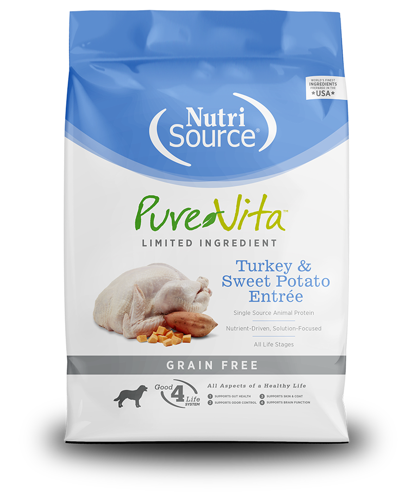 NutriSource PureVita Grain Free Turkey & Sweet Potato Entree Dry Dog Food front of bag.
