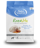 NutriSource PureVita Grain Free Turkey & Sweet Potato Entree Dry Dog Food front of bag.