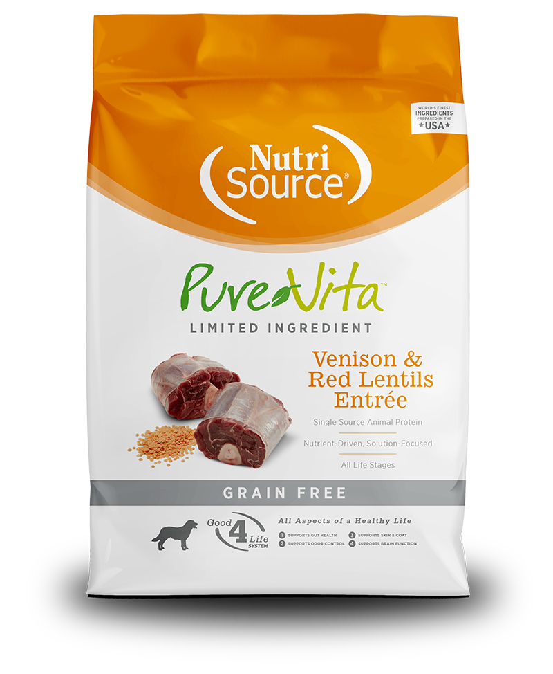NutriSource PureVita Vension & Red Lentils Entree Dry Dog Food front of bag.