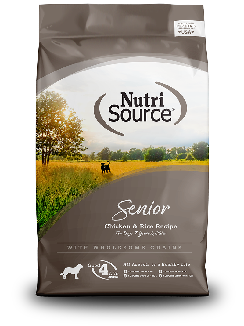 NutriSource Senior Chicken & Rice Recipe front of bag. 