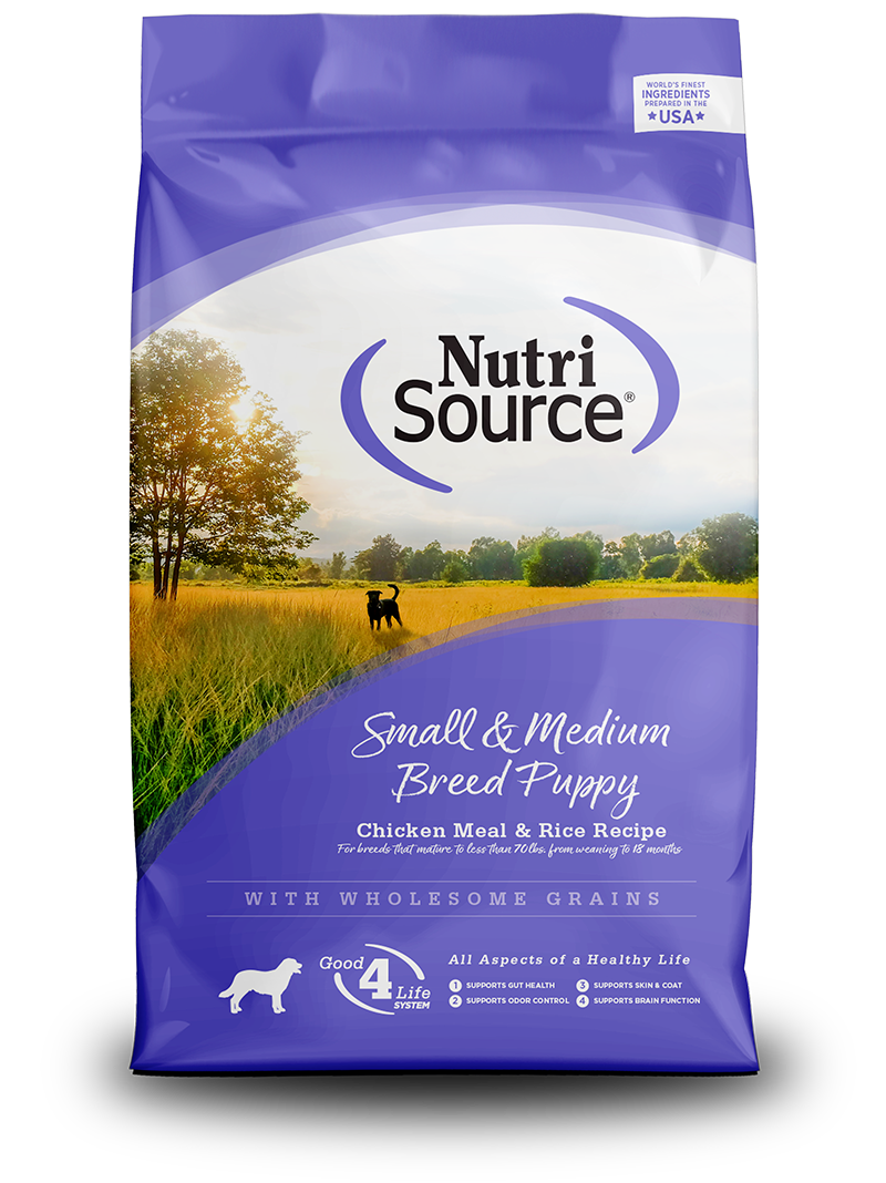 NutriSource Small & Medium Breed Puppy Chicken Meal & Rice Recipe front of bag