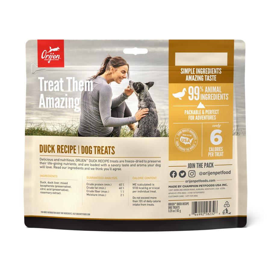 ORIJEN Freeze Dried Duck Recipe Dog Treats back of bag.