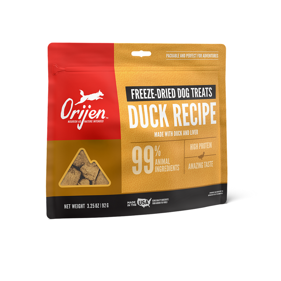 ORIJEN Freeze Dried Duck Recipe Dog Treats front of bag.