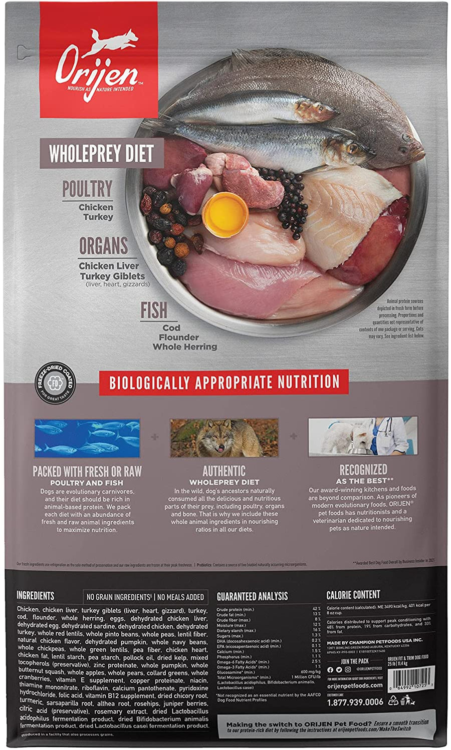 ORIJEN Grain Free Fit & Trim Dry Dog Food back of bag.